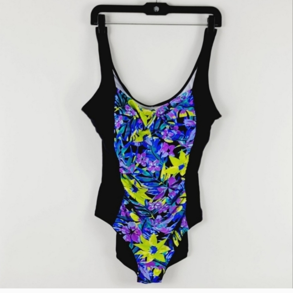 TROPICAL ESCAPE Floral Black 1 Piece Bathing Suit Size XL Excellent Condition